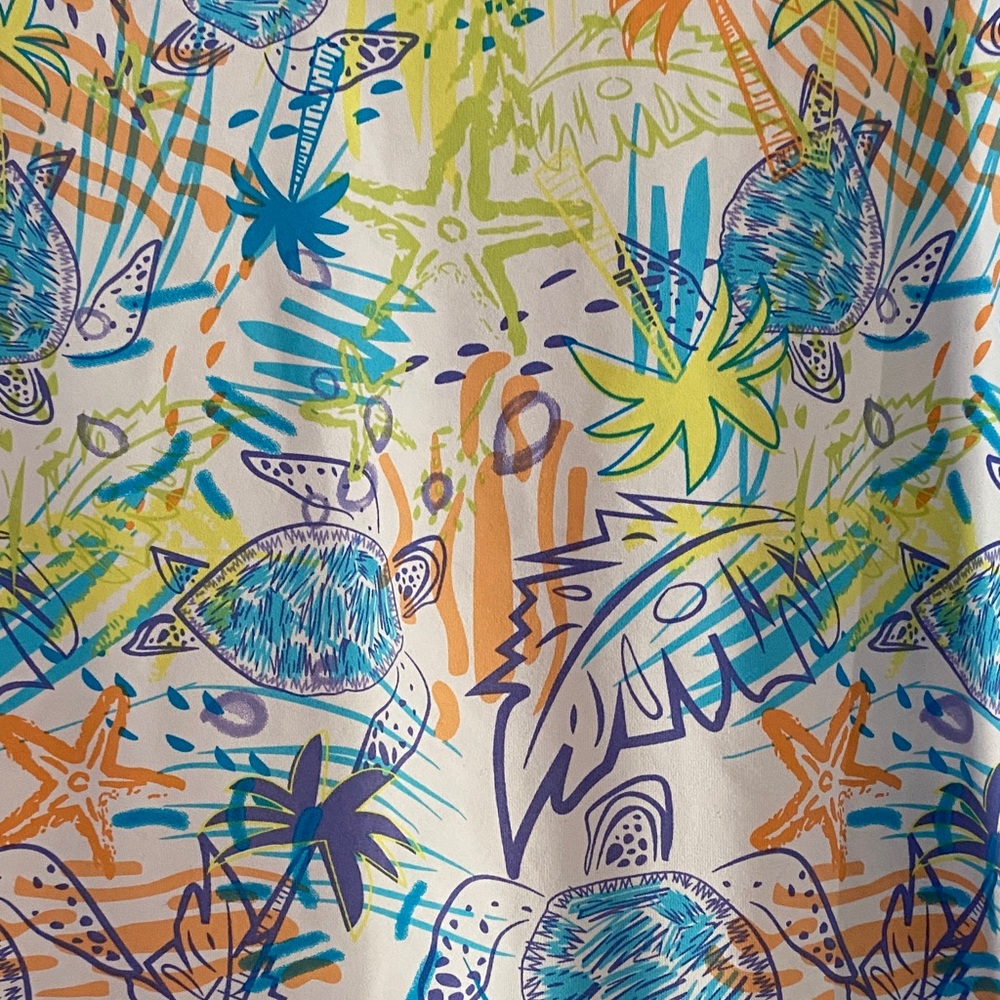 Tropical Shell Print V-Neck Tunic — Blue, Green, Orange. Lulu-B. Sz. L - Picture 2 of 4